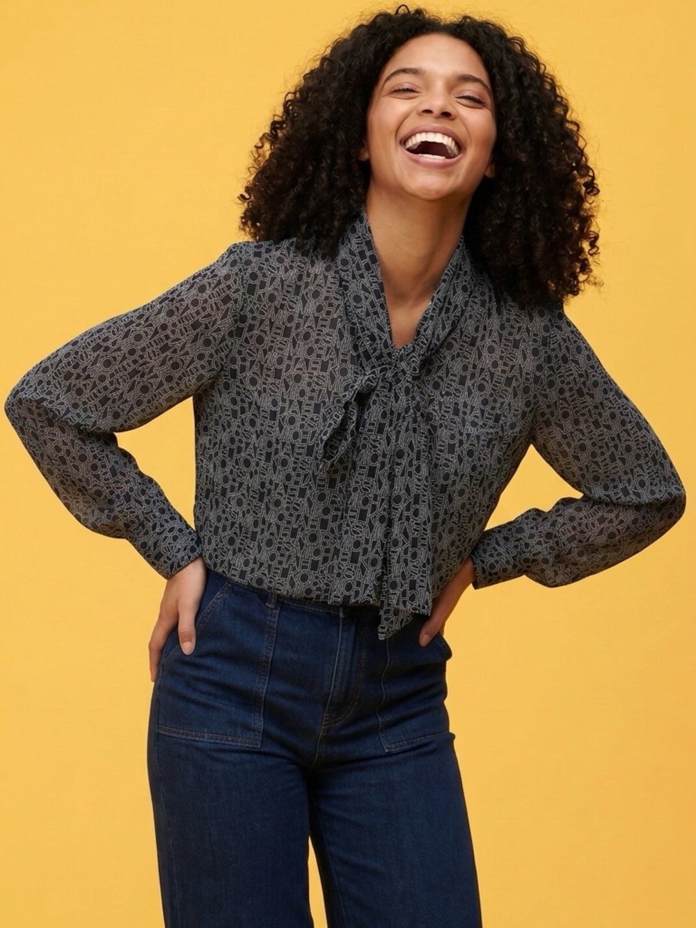 Michael Kors Charcoal Tie-Neck Printed Blouse